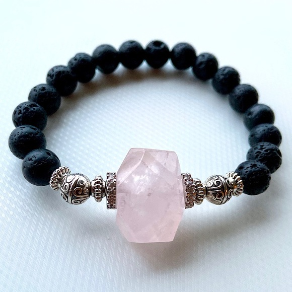 Genuine rose quartz , cz , lava rock bracelet - Picture 2 of 8